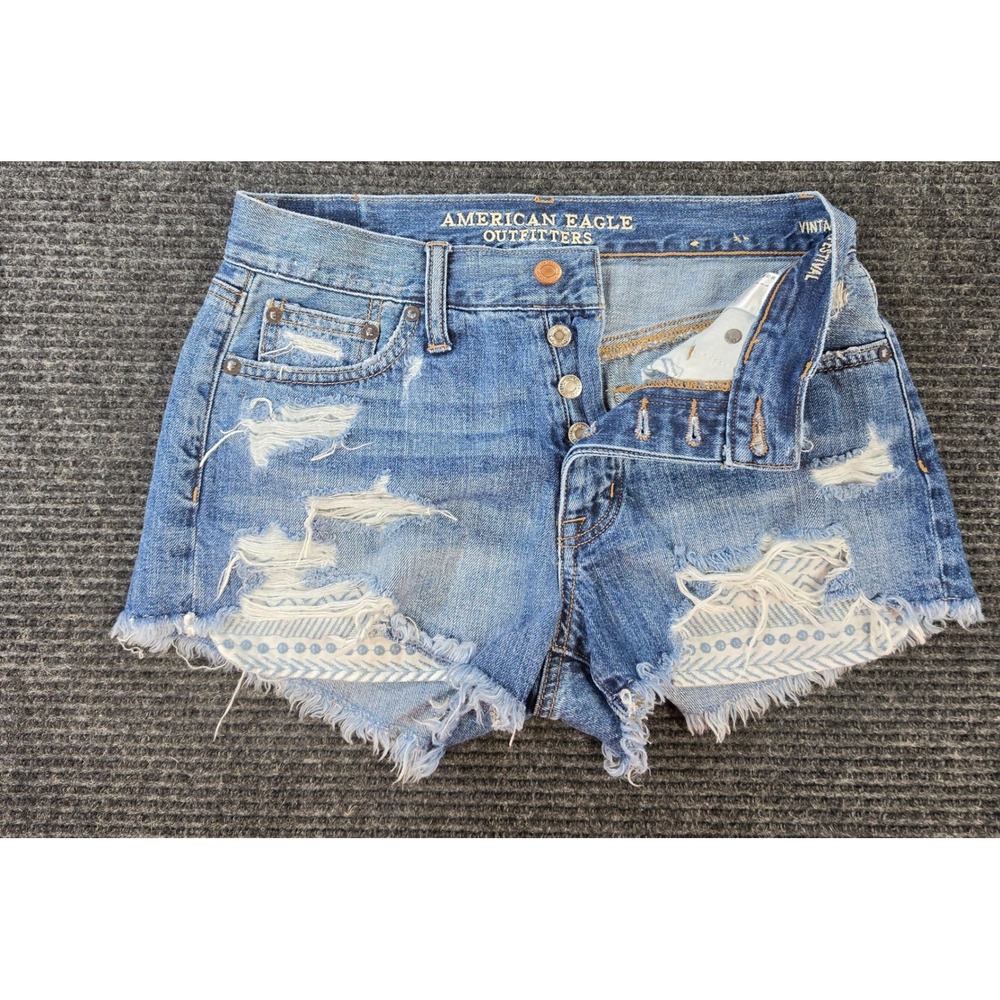 American Eagle Denim Shorts Womens 0 Blue Excellent Hi-Rise Festival Distressed